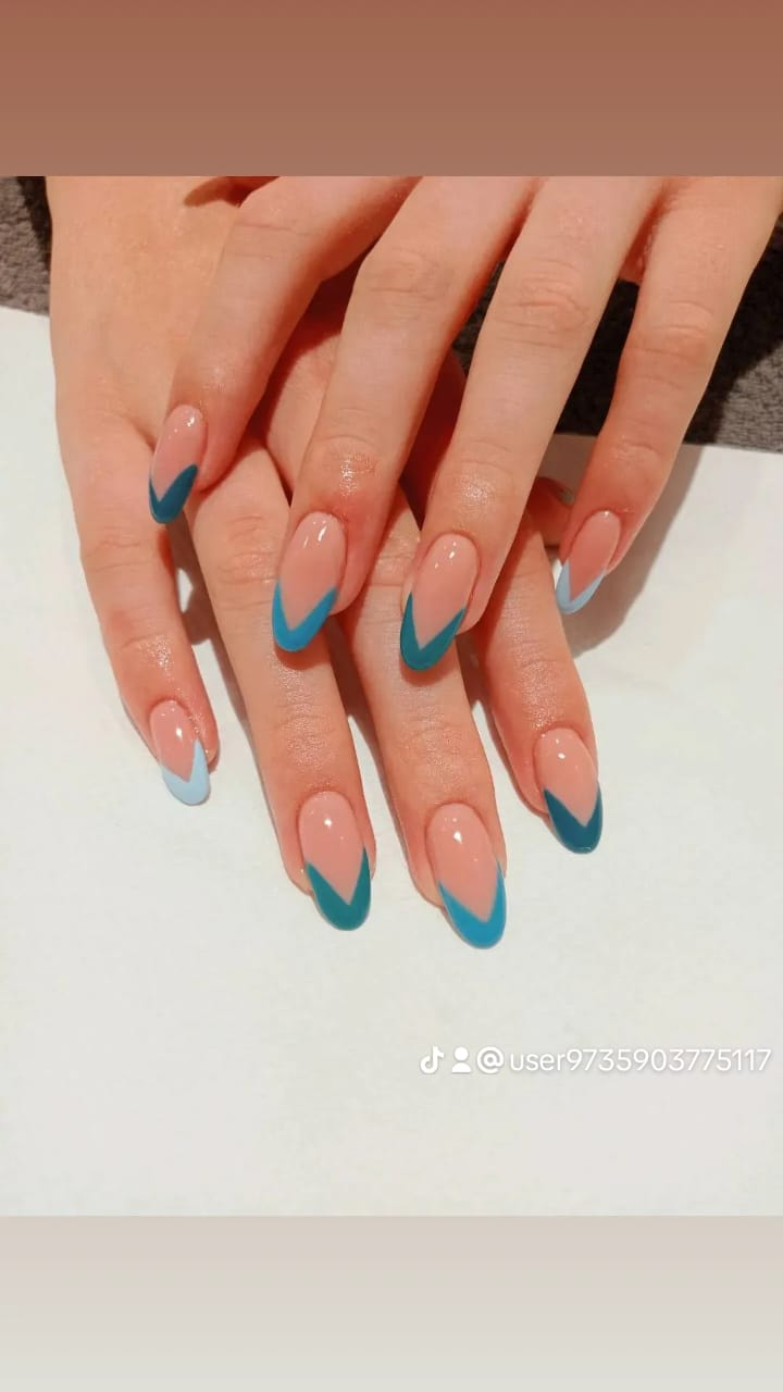 Teal and pastel blue chevron French acrylic tip nails