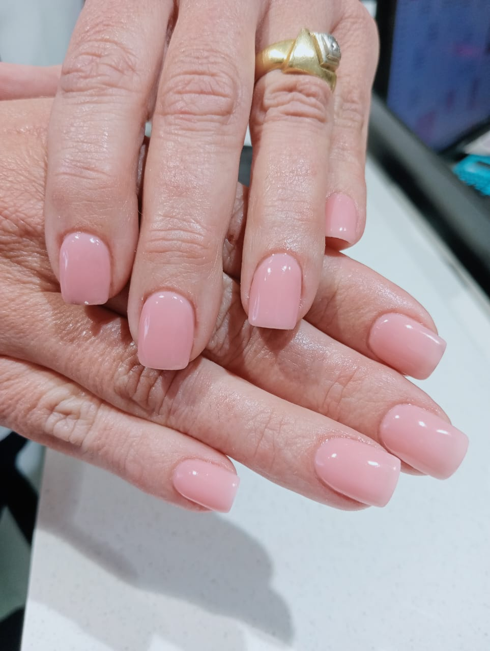 Soft pink hard gel overlay with a natural square finish