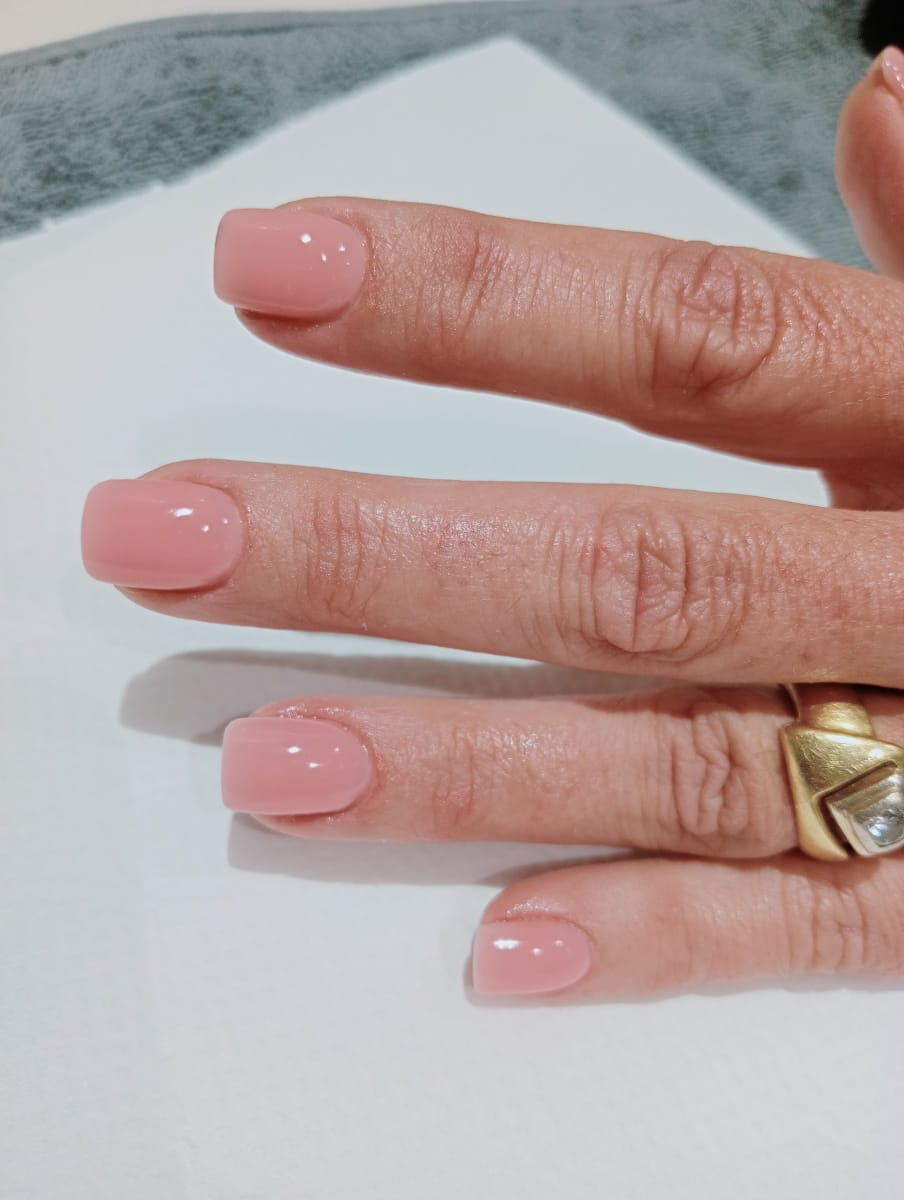 Sheer pink hard gel manicure with a glossy square finish