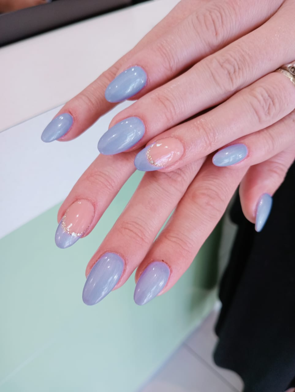 Powder blue soft gel tips with fine silver accent detailing