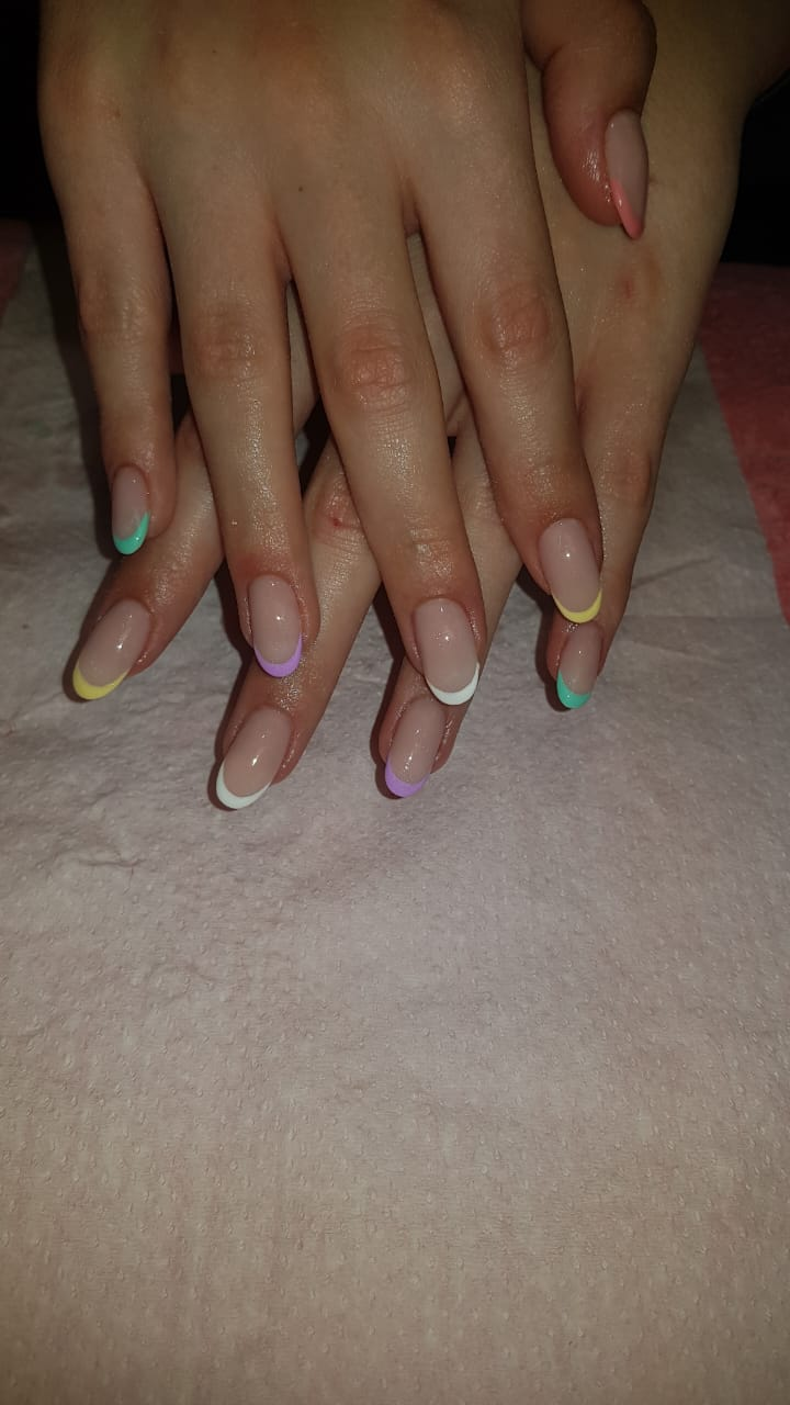 Pastel multi-colour French tip hard gel manicure with almond shape